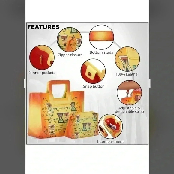 SUKRITI Set of 3, Orange & Yellow Geometric Hand Painted Leather Tote Bag - Picture 4 of 8